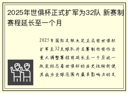 2025年世俱杯正式扩军为32队 新赛制赛程延长至一个月