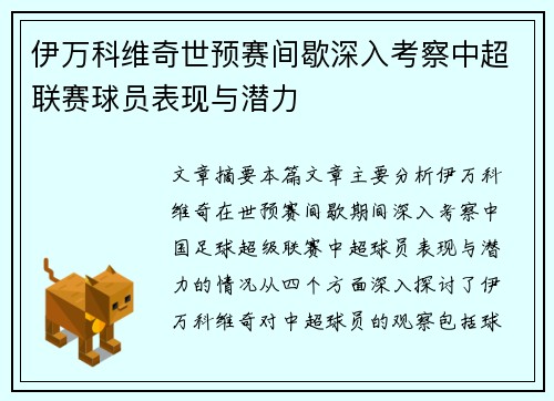伊万科维奇世预赛间歇深入考察中超联赛球员表现与潜力